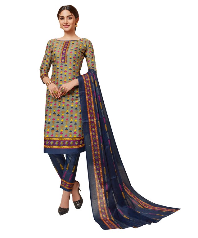 Viva N Diva Grey & Multi Colored Cotton Printed Salwar Suit Dress Material